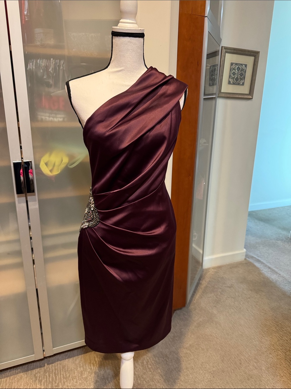 Eliza J One-Shoulder Satin Dress in Plum